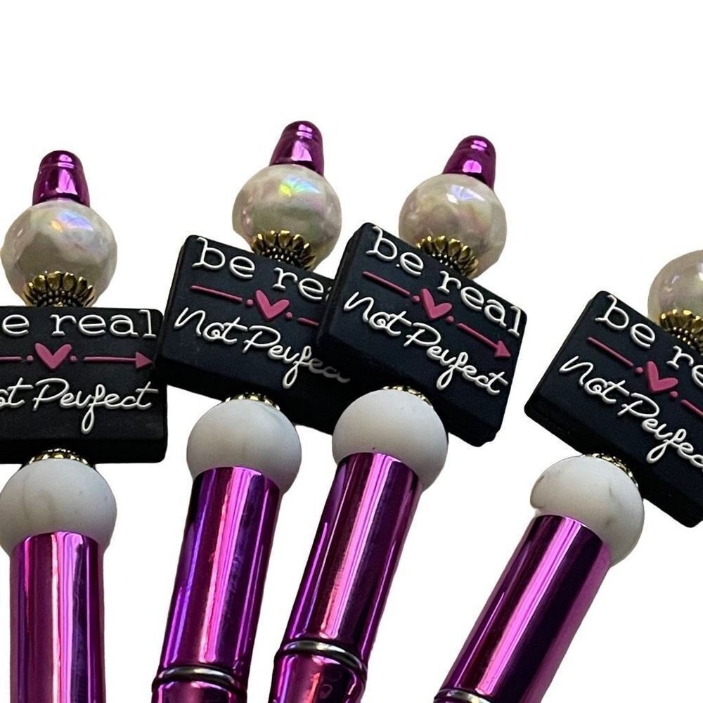 Be real, not perfect beaded pen handmade black pink white metallic bling NEW
